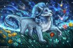  2020 4_toes black_nose blue_body blue_fur detailed_background digital_media_(artwork) felid feral flashw fur grass grey_body grey_fur lion mammal night outside pantherine paws sky star starry_sky toes white_body white_fur 