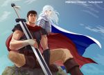  2boys androgynous armor berserk black_hair blue_eyes brown_eyes cape dragonslayer_(sword) expressionless facial_scar feet_out_of_frame griffith_(berserk) guts_(berserk) holding holding_sword holding_weapon long_hair male_focus multiple_boys muscle nose_scar red_cape scar short_hair sitting sky sword toned toned_male twitter_username wavy_hair weapon white_cape white_hair wind wind_lift zonzgong 