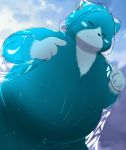  2020 anthro belly black_nose blue_body blue_fur clothing coat eyes_closed fur hi_res humanoid_hands kemono mammal moosh nintendo oracle_of_ages oracle_of_seasons outside overweight overweight_anthro raincoat solo the_legend_of_zelda topwear trail_arnak ursid video_games wet white_body white_fur 