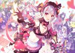  bow gloves gray_hair headband horns knives_out long_hair maid navel necklace saine_(artist) stockings tagme_(character) tail twintails 