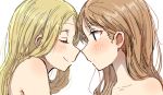  2girls absurdres bare_shoulders betock blonde_hair blush brown_hair closed_eyes highres long_hair multiple_girls noses_touching original portrait profile sketch smile yuri 