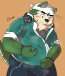  2020 anthro belly blush bodily_fluids bottomwear bulge canid canine canis clothing dipo_(artist) domestic_dog fur genital_fluids green_body green_fur headphones_around_neck hi_res humanoid_hands kemono live-a-hero male mammal mokdai overweight overweight_anthro overweight_male pants precum solo video_games 