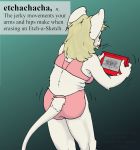  anthro blonde_hair bra clothing cybercorn_entropic cynthia_boggs definition etch_a_sketch female fur green_background hair mammal mouse murid murine panties rodent shaking shaking_butt simple_background sniglets solo tongue tongue_out underwear white_body white_fur 
