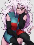  1girl android_21 black_legwear breasts checkered checkered_dress detached_sleeves dragon_ball dragon_ball_fighterz dress earrings glasses grey_background hair_between_eyes hoop_earrings jewelry kemachiku long_hair looking_at_viewer majin_android_21 medium_breasts pantyhose red_eyes simple_background solo white_hair 