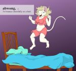  2020 anthro bed blonde_hair bouncing bouncing_breasts breasts clothed clothing cybercorn_entropic cynthia_boggs definition english_text eyes_closed female fully_clothed fur furniture hair mammal midriff mouse murid murine open_mouth pillow purple_background rodent simple_background sleepwear solo text the_meaning_of_liff white_body white_fur 