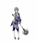  1boy blush emil_(nier) full_body grey_hair light_blush nier nier_(series) official_art short_hair smile solo staff standing yoshida_akihiko 