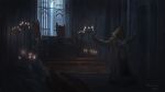  1boy alfred_(bloodborne) arms_up blood bloodborne brown_gloves candle candlelight candlestand cape carpet chair commentary copyright_name facing_away gloves helmet highres hood hood_down indoors logarius_wheel red_carpet robe solo spoilers standing tripdancer weapon white_cape white_robe window 