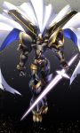  alphamon billowing_cape black_background clenched_hand commentary digimon digimon_adventure energy_sword floating hawe_king highres holding holding_sword holding_weapon looking_at_viewer mecha no_humans sword weapon yellow_eyes 