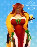  anthro armwear beverage champagne_glass choker christmas clothing elbow_gloves feather_boa female gloves hair handwear hi_res holidays jewelry legwear mammal necklace opal_(jellydoeopal) sagittascuti slit_dress solo thigh_highs ursid 