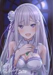  1girl bangs bare_shoulders blunt_bangs blush braid breasts detached_collar detached_sleeves emilia_(re:zero) flower french_braid hair_flower hair_ornament hair_ribbon happy_birthday light_purple_hair long_hair looking_at_viewer medium_breasts night open_mouth pointy_ears purple_eyes purple_ribbon re:zero_kara_hajimeru_isekai_seikatsu ribbon ryunnu solo window x_hair_ornament 