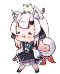  1girl :3 :d =_= animal_ears animal_on_head blush cat cat_ears cat_on_head cat_tail chibi full_body gradient_hair hololive horns kemonomimi_mode multicolored_hair nakiri_ayame namaonpa on_head open_mouth red_hair simple_background smile tail virtual_youtuber walking white_background white_hair 