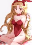  1girl :o animal_ears backlighting bare_shoulders blonde_hair blush bow bow_choker breasts bunny_ears bunnysuit cleavage collarbone commentary_request covered_navel cuffs ereshkigal_(fate/grand_order) eyebrows_visible_through_hair fate/grand_order fate_(series) hand_up highres kusunoki_r long_hair looking_at_viewer medium_breasts open_mouth red_bow red_eyes sitting solo 