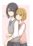  ...? 2girls ? absurdres betock black_hair blue_eyes blush bob_cut brown_eyes brown_hair expressionless heart highres hug hug_from_behind multiple_girls original school_uniform short_hair smile sweater_vest yuri 