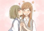  2girls absurdres betock blush bob_cut brown_hair closed_eyes embarrassed flower_(symbol) heart highres holding_hands interlocked_fingers long_hair multiple_girls original school_uniform short_hair smile sweater_vest upper_body yuri 