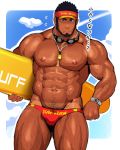  1boy abs bad_hands bara bare_chest beard black_hair blush body_hair bulge chest chest_hair cloud cloudy_sky facial_hair goggles goggles_around_neck hat lifeguard male_focus male_pubic_hair male_swimwear manly muscle navel nipples original pubic_hair sakuramarusan short_hair sky solo surfboard swim_briefs swimwear thick_thighs thighs watch 