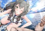  1girl 1other black_hair black_legwear blue_sky blurry cloud commentary_request crop_top day depth_of_field dutch_angle fishing_hook fishing_line fishing_rod green_eyes grey_neckwear hair_ribbon headgear holding holding_fishing_rod i-47_(kantai_collection) kantai_collection long_hair low-tied_long_hair neckerchief ocean one_eye_closed outdoors ribbon sailor_collar sailor_shirt school_swimsuit see-through_skirt shirt shohei_(piranha5hk) skirt sky sleeveless sleeveless_shirt swimsuit thighhighs tress_ribbon water white_sailor_collar 