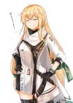  1girl absurdres black_gloves black_legwear blonde_hair closed_eyes closed_mouth english_text girls_frontline gloves green_ribbon hair_ribbon hands_on_hips highres huge_filesize long_hair muteppona_hito ribbon russian_flag scarf smile solo standing sv-98_(girls_frontline) thighhighs translation_request uniform white_background white_scarf 