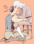  2boys androgynous bare_shoulders berserk black_hair black_tank_top blue_eyes blush brown_eyes chair chest couple eye_contact facial_scar full_body griffith_(berserk) guts_(berserk) imminent_kiss long_hair looking_at_another male_focus multiple_boys muscle nose_scar pants scar short_hair sitting sketch sleeveless sweatdrop tank_top toned toned_male twitter_username wavy_hair white_hair yaoi zonzgong 