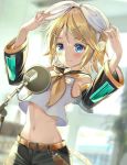  1girl armpits arms_up banned_artist bare_shoulders belt black_shorts blonde_hair blue_eyes blurry blurry_background commentary_request crop_top crop_top_overhang depth_of_field detached_sleeves hair_ornament hair_ribbon hairclip headphones highres kagamine_rin long_sleeves looking_at_viewer microphone midriff nail_polish navel neckerchief ribbon sailor_collar shirt short_hair shorts smile solo stomach upper_body vocaloid white_ribbon white_shirt yellow_nails yuuka_nonoko 