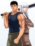  2boys androgynous back-to-back berserk black_hair black_tank_top blue_eyes brown_eyes chest couple cowboy_shot crossed_arms facial_scar griffith_(berserk) guts_(berserk) long_hair male_focus multiple_boys muscle nose_scar over_shoulder pants scar short_hair surprised sword sword_over_shoulder tank_top toned toned_male twitter_username wavy_hair weapon weapon_over_shoulder white_background white_hair zonzgong 