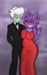  10:16 alcohol anthony_(olive1155) anthro beverage big_breasts black_tie_(suit) breasts clothed clothing digital_media_(artwork) dress duo elemental_creature fan_character female flora_fauna fur gem gengar ghost hair hand_behind_back hi_res jewelry looking_at_viewer male necklace nintendo nuggnogg olive_(olive1155) pearl_(gem) pearl_necklace plant pok&eacute;mon pok&eacute;mon_(species) pose purple_body purple_fur red_clothing red_dress red_eyes simple_background smile spirit suit video_games white_hair wine wine_glass 