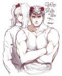  2boys alternate_hairstyle androgynous berserk black_hair bow brown_eyes chest couple crossed_arms facial_scar griffith_(berserk) guts_(berserk) hair_bow long_hair looking_at_viewer male_focus multiple_boys muscle nose_scar partially_colored red_bow scar short_hair sketch tank_top toned toned_male twitter_username wavy_hair white_hair zonzgong 
