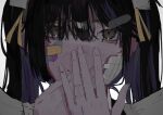  1girl bandage_on_face bandages bandaid bandaid_hair_ornament bandaid_on_face bandaid_on_hand bangs black_hair brown_eyes close-up commentary_request face hair_ribbon hands hands_over_mouth highres looking_at_viewer mao_oxo original parted_lips ribbon smile solo yellow_ribbon 