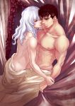  2boys abs androgynous bare_chest berserk black_hair blue_eyes brown_eyes chest couple cover cover_page curtains doujin_cover face-to-face facial_scar griffith_(berserk) guts_(berserk) long_hair male_focus multiple_boys muscle naked_sheet nose_scar scar short_hair toned toned_male twitter_username wavy_hair white_hair yaoi zonzgong 