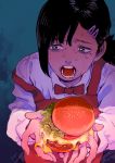  1girl apron black_eyes black_hair blue_background chainsaw_man crying crying_with_eyes_open dark_background employee_uniform fast_food_uniform food hair_ornament hamburger higashiyama_kobeni highres holding holding_food medium_hair mole mole_under_eye mole_under_mouth multiple_moles open_mouth otsuzaka scared snot solo sweat sweating_profusely tears tied_hair traumatized uniform 