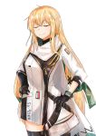  1girl absurdres black_gloves black_legwear blonde_hair closed_eyes closed_mouth english_text girls_frontline gloves green_ribbon hair_ribbon hands_on_hips highres huge_filesize long_hair muteppona_hito ribbon russian_flag scarf smile solo standing sv-98_(girls_frontline) thighhighs uniform white_background white_scarf 