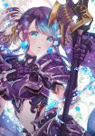  1girl aqua_eyes armor breastplate commentary_request earrings eyebrows_visible_through_hair faulds fins gauntlets highres jewelry long_hair navel ningyo_hime_(sinoalice) parted_lips polearm purple_hair shoulder_armor sinoalice solo spear tm_(pixiv45602758) very_long_hair water weapon 