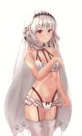  1girl altera_(fate) bare_arms bare_shoulders bikini bikini_skirt bnari breasts cowboy_shot crotch_seam fate/extella fate/extra fate_(series) garter_straps halter_top halterneck hand_on_own_chest highleg highleg_bikini highres looking_at_viewer navel red_eyes short_hair silver_hair simple_background small_breasts solo stomach swimsuit thighhighs thighs veil white_background white_bikini white_legwear 