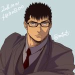  1boy berserk black_hair contemporary facial_scar formal glasses grey_eyes guts_(berserk) looking_at_viewer male_focus necktie nose_scar scar short_hair suit twitter_username upper_body white_eyes zonzgong 