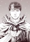  1boy armor bandages berserk black_hair cloak facial_scar greyscale guts_(berserk) looking_at_viewer male_focus monochrome multicolored_hair nose_scar one_eye_closed open_hand petals scar short_hair solo twitter_username two-tone_hair upper_body white_hair zonzgong 