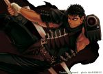  1boy armor armpits bara berserk black_hair chest clenched_teeth cloak dragonslayer_(sword) facial_scar feet_out_of_frame fighting_stance guts_(berserk) holding holding_sword holding_weapon male_focus muscle nose_scar one_eye_closed pointing_weapon red_cloak red_eyes scar short_hair solo sword teeth toned toned_male twitter_username weapon white_background zonzgong 