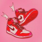  air_jordan air_jordan_1 artist_name daekio dotted_background floating floating_object nike no_humans original pink_background shoes sneakers symbol_commentary 