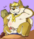  2020 anthro balls belly black_nose blush bulge canid canine canis clothing dipo_(artist) domestic_dog duo erection genitals hi_res kemono live-a-hero male male/male mammal nipples overweight overweight_male penis procy sitting underwear video_games visor weapon 