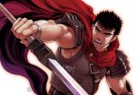  1boy armor aura berserk black_hair chest cloak dragonslayer_(sword) facial_scar fighting_stance guts_(berserk) harness leather male_focus muscle nose_scar pauldrons red_cloak red_eyes scar short_hair shoulder_armor sleeveless solo toned toned_male twitter_username upper_body white_background zonzgong 