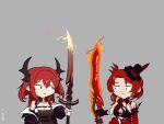  2girls absurdres arknights bangs blood cartoonized crossover flaming_sword flaming_weapon flower hat highres honkai_(series) honkai_impact_3rd horns hwite looking_at_another multiple_girls murata_himeko murata_himeko_(blood_rose) purple_eyes red_hair rose surtr_(arknights) top_hat torn_clothes trait_connection underwear yellow_eyes 