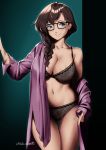  1girl asymmetrical_hair bra braid breasts collarbone colorized confessions_of_the_magpie_wizard contrapposto french_braid glasses hair_over_shoulder highres large_breasts long_sleeves looking_at_viewer lulu-chan92 mariko_(confessions_of_the_magpie_wizard) open_clothes satansoft1 thighs underwear 