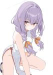  1girl atsuko_(blue_archive) blue_archive china_dress chinese_clothes closed_mouth dress halo highres kamitosayu kneeling long_hair looking_at_viewer pelvic_curtain purple_hair purple_halo red_eyes simple_background sleeveless sleeveless_dress solo white_background white_dress 