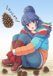  1girl blue_background blue_hair blue_jacket blue_pants blue_scarf boots brown_boots brown_scarf commentary_request curled_up denim down_jacket full_body gloves gradient_background green_scarf hair_bun highres huge_hair_bun hugging_own_legs jacket jeans knee_boots knees_up looking_at_viewer matebashi multicolored_jacket multicolored_scarf open_mouth orange_jacket pants pinecone purple_eyes red_gloves red_scarf scarf shima_rin single_hair_bun sitting solo striped_clothes striped_scarf two-tone_jacket white_background yurucamp 