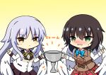  2girls :d angel angel_beats! angel_wings aoi_erika black_hair black_skirt blue_bow blue_bowtie blush bow bowtie bright_pupils brown_vest buttons chibi chibi_only collared_shirt commentary_request company_connection cowboy_shot crossover double-breasted embarrassed eyes_visible_through_hair gradient_background green_eyes grey_hair hair_between_eyes hands_up heaven_burns_red highres holding holding_trophy key_(company) long_hair long_sleeves medium_hair multiple_girls neck_ribbon nose_blush notice_lines open_mouth parted_lips plaid_clothes plaid_skirt pleated_skirt red_skirt ribbon school_uniform sekibaracheice shirt sidelocks simple_background skirt smile sweatdrop tachibana_kanade trophy v very_long_hair vest white_pupils white_shirt wings yellow_background yellow_eyes yellow_ribbon 