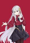  1girl absurdres ascot belt black_ascot black_flower black_rose closed_mouth collared_shirt fate/strange_fake fate_(series) flower hair_flower hair_ornament high-waist_skirt highres long_hair long_sleeves o-ring o-ring_belt philia_(fate) puffy_long_sleeves puffy_sleeves purple_ascot red_background red_eyes red_shirt rose shirt shirt_tucked_in simple_background skirt smile solo to_yutx white_hair 