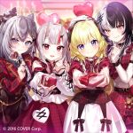  4girls :3 balloon belt black_belt black_hair blonde_hair blurry blurry_background blush bokeh center-flap_bangs closed_mouth commentary_request company_name cone_hair_bun copyright_notice demon_horns depth_of_field dress fang finger_heart gift gingham_clothes gingham_skirt grey_eyes grey_hair hair_bun hat heart_balloon holding holding_gift hololive hololive_english hololive_indonesia horns looking_at_viewer multicolored_hair multiple_girls nakiri_ayame official_art pisuke_wan pleated_skirt purple_eyes red_eyes red_hair red_skirt shiori_novella shirt skirt smile sparkle split-color_hair tongue tsunomaki_watame vestia_zeta virtual_youtuber white_dress white_hair white_hat white_shirt yellow_eyes 