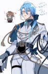  2boys :3 aiguillette ascot belt black_bow blue_belt blue_eyes blue_gem blue_hair blush bound bound_torso bow brooch brown_eyes brown_hair bulge chibi chibi_inset closed_mouth collared_shirt cowboy_shot edmond_(nu_carnival) eiden_(nu_carnival) epaulettes from_below gem glint gloves hair_between_eyes hair_bow hair_over_shoulder heart high-waist_pants highres holding holding_whip implied_yaoi jacket jewelry long_hair low_ponytail male_focus monocle monocle_chain multiple_boys nu_417 nu_carnival official_alternate_costume pants pocket_watch ponytail raised_inner_eyebrows shibari shirt short_hair simple_background single_epaulette thigh_strap watch whip white_ascot white_background white_gloves white_jacket white_pants white_shirt 