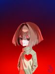  1other androgynous arms_behind_back artist_name blue_background blunt_ends blush_stickers bob_cut brown_hair chara_(undertale) commentary evil_smile from_side gradient_background green_sweater hair_between_eyes hair_intakes half-closed_eyes heart heart-shaped_hole highres hole_in_chest hole_on_body jitome light_blush light_smile long_sleeves looking_at_viewer looking_to_the_side raised_eyebrows red_background red_eyes red_light shaded_face shake_wo_san short_hair sidelighting signature single_horizontal_stripe smile smug solo standing sweater translated turtleneck turtleneck_sweater undertale upper_body utdr_(toby_fox) yellow_sweater 