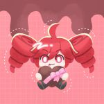  1girl ahoge ball_hands black_boots boots bow box box_of_chocolates chibi chibi_only commentary_request double-parted_bangs drill_hair grid_background hair_between_eyes heart-shaped_box highres kasane_teto pink_background pink_bow red_eyes red_hair ririko_(nagareboshi) sidelocks solo tongue tongue_out twin_drills utau 