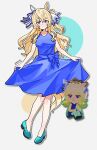  1girl alternate_costume animal_ears bare_arms bare_shoulders blonde_hair blue_bow blue_dress blue_eyes blue_shoes blush bow breasts closed_mouth commentary_request dress ear_covers game_screenshot_inset hair_between_eyes highres holding_own_dress horse_ears horse_girl horse_tail long_hair looking_at_viewer medium_breasts saramiao-chan screenshot_inset shoes single_ear_cover sleeveless sleeveless_dress smile tail tomodachi_life tomodachi_life:_living_the_dream umamusume victoire_pisa_(umamusume) 
