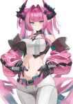  1girl absurdres aqua_hair aqua_streaks arknights arknights:_endfield bare_shoulders belt black_belt black_gloves black_horns black_tube_top blue_eyes blush closed_mouth commentary_request cowboy_shot detached_sleeves gloves hair_ornament hands_on_own_hips highres horns long_hair long_sleeves looking_at_viewer multicolored_gloves multicolored_hair multicolored_horns multicolored_tube_top navel pants pink_gloves pink_hair pink_horns pink_sleeves pointy_ears remapack77 solo stomach strapless streaked_hair tube_top two-tone_gloves two-tone_hair two-tone_horns two-tone_tube_top very_long_hair white_pants white_tube_top yvonne_(arknights) 